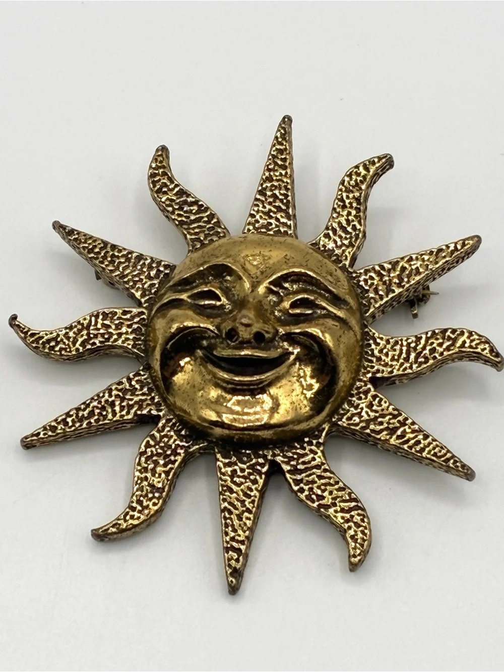Vintage Robert Zentall Smiling Sun Celestial Brooch Gold Tone 70s